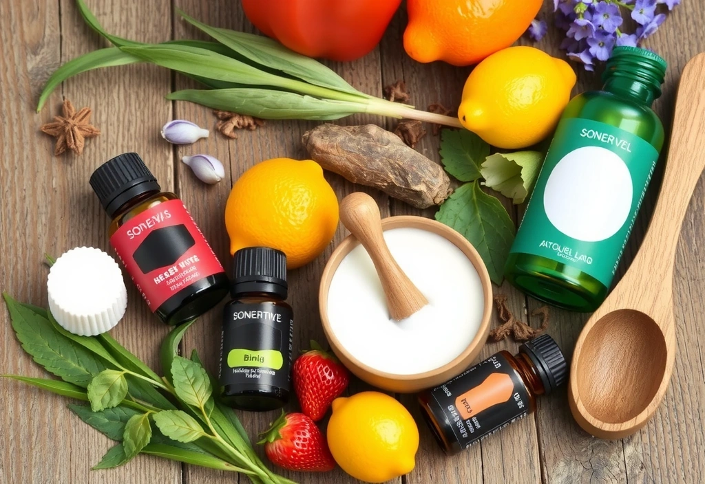 Colección de hierbas medicinales y botellas de aceites esenciales en una mesa de madera rústica