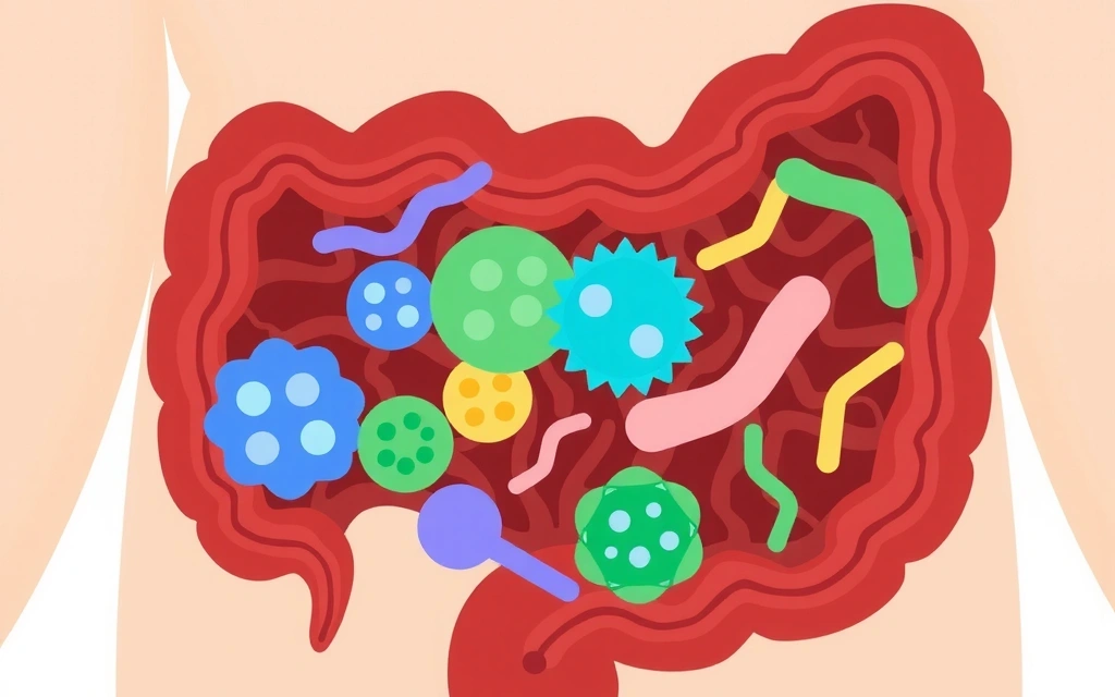 Intestino humano estilizado con una comunidad diversa de bacterias amigables, resaltando la importancia del equilibrio microbiano para la digestión.